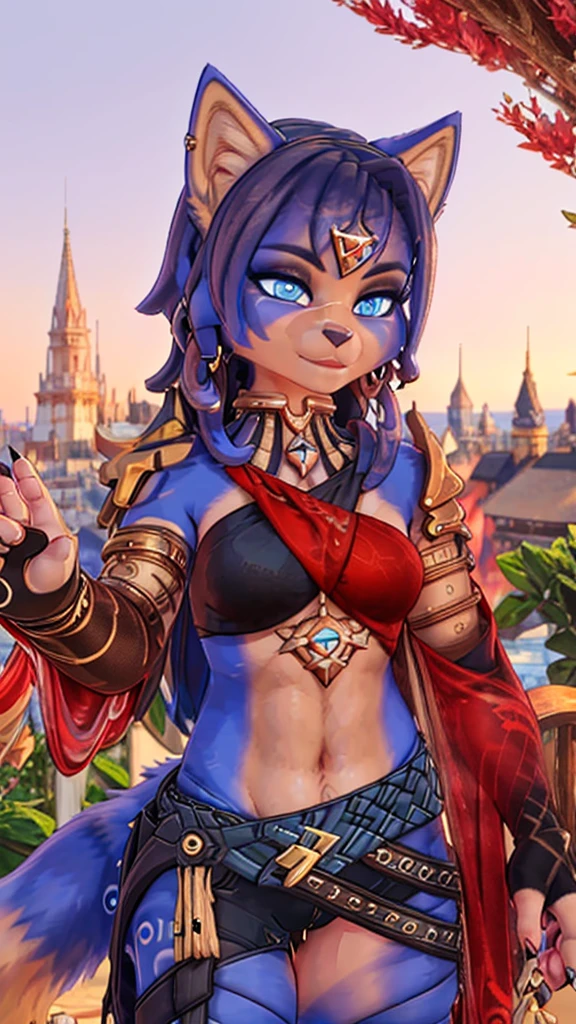 A beautiful and detailed (sweet picture) of ((Krystal)), Star Fox Krystal, detallierte augen, green eyes, medium breasts, (((Long blue hair 1.3))), ((black hair tips)), Decollete, anthro, furry, Uploaded E621, detailed fluffy fur, (wa Fluff-Kevlar, Bayard Wu, Personalami, Pino Daeni), detailed face, (fluffy), 1 girl, alone, brüste sind verdeckt