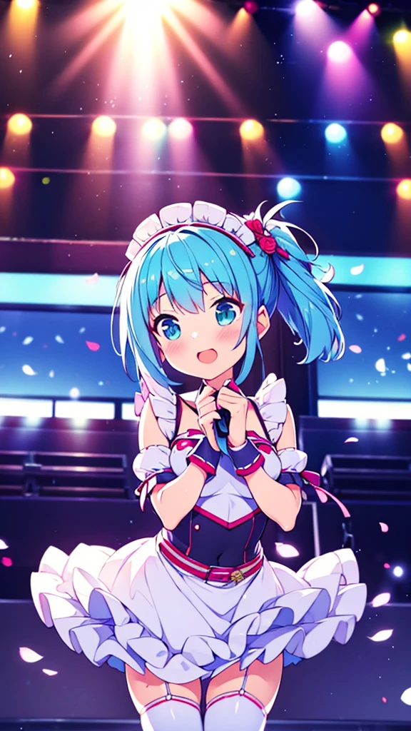 MLTD bg style, (best quality, 8K, masterpiece, HDR, ultra detailed:1.2), cinematic angle, (light particles, sparkle), lens flare, depth of field, bokeh,
1girl, white gloves, open mouth, microphone, short puffy sleeves, glowstick, smile, petals, maid headdress, frills, blush, solo, stage, white thighhighs, belt, hair bow, hair ribbon, medium breasts, idol, upper teeth only, looking away, aqua bow, frilled skirt, hair ornament, frilled dress, audience, solo focus, concert, zettai ryouiki, spotlight, stage lights, shiny hair, looking afar, buckle, belt buckle, elbow gloves, wing collar, jewelry, petticoat, navel,