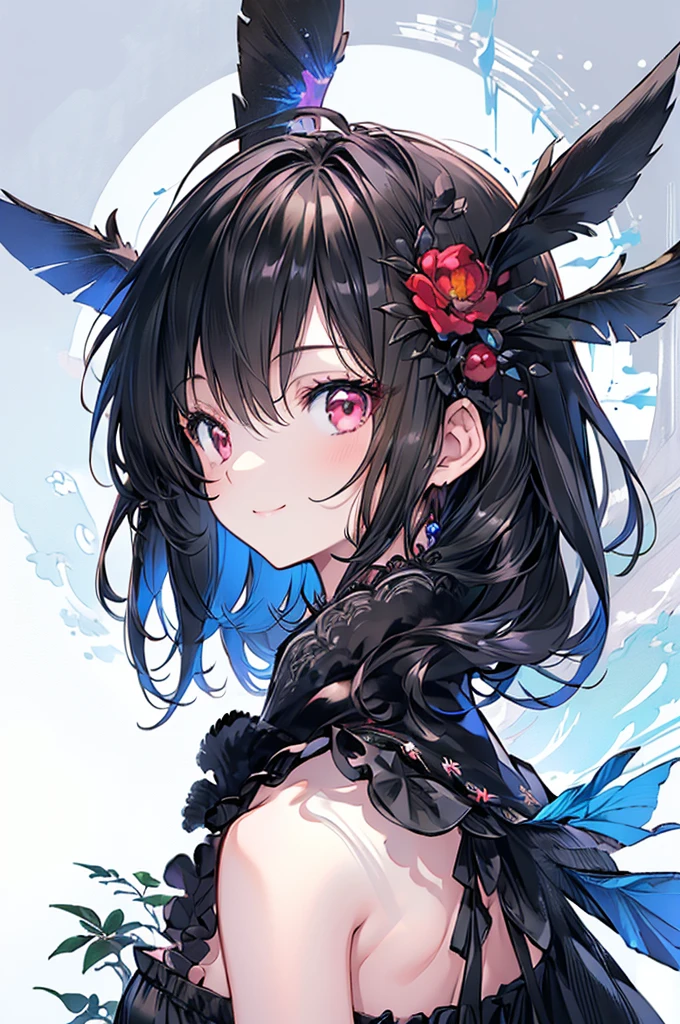 (masterpiece, Highest quality, Highest quality, (No text), beautifully、aesthetic:1.2),No text,anime、 High resolution　break,One Girl，Short black hair　Tree Eyes　Beautiful Eyes　Red eyes　beautiful girl　nice　smile　Black coat　mini skirt　whole body　Night view　Detailed eyes and face