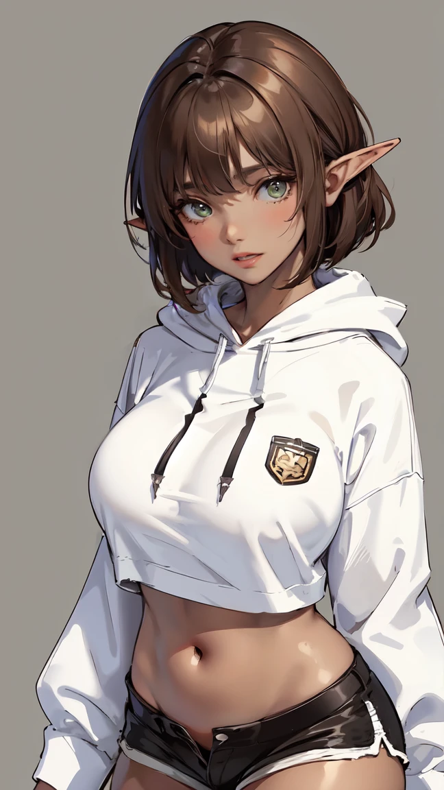 (masterpiece, best quality, perfect face, (beautiful and aesthetic:1.2), extremely detailed, highest detailed face), (beautiful short dark elf girl, (white short hair:1.4), (green eyes:1.2), (dark brown skin:1.5), fake breasts, (narrow waist), (thick thighs), wide hips, large thighs, pointy elf ears), (exposed belly:1.2), ((wears micro shorts and a black hoodie:1.4)), ((dark fantasy background)), (high quality, hyperrealistic, CG, unity, 4k),