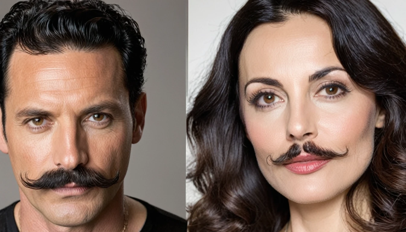The man in his 45s with black very short hair and smooth face with moustache. The woman in her 45s with brown wavy long hair. They are having sex.