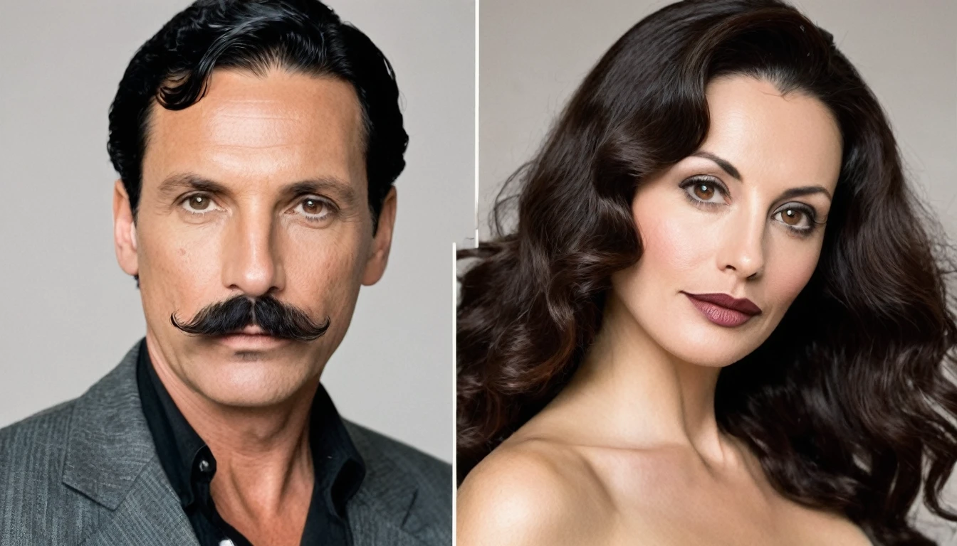 The man in his 45s with black very short hair and smooth face with moustache. The woman in her 45s with brown wavy long hair. They are having sex.