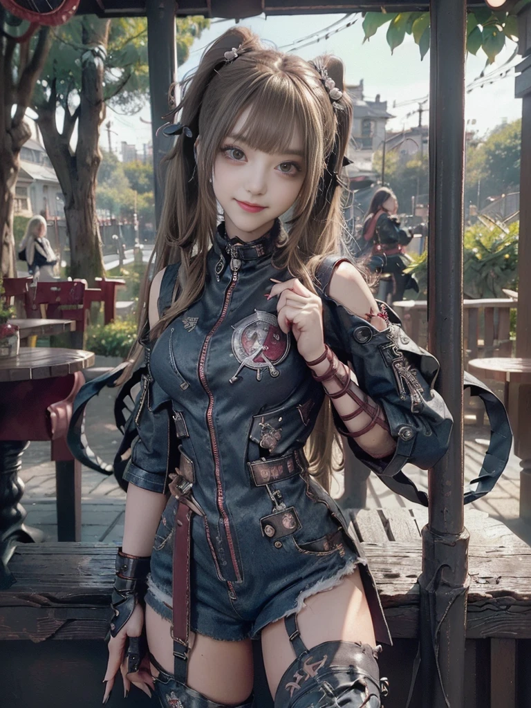 (Full body:1.4)、(Full Body View:1.4)、(Side view:1.1)、(Smiling with teeth showing:1.3),(Shibuya Gal:1.5)、(Beautiful:1.5)、(Punk RockVisual Kei:1.4)、(Burgundy denim with khaki and brown medieval tattered zip up:1.5)、(Wine red arm covers and tattered bugle pants:1.5)、(Wine red high heels:1.3)、(Wearing silver accessories:1.5)、(Dark brown collar:1.4)、(Leather garter belt:1.4)、(Red skin belt:1.3)、(Red lace underwear:1.5)、30 years old、NSFW、((Highest quality、In 8K、masterpiece:1.3))、Sharp focus:1.2、(Layered Cut、Huge boobs:1.1),Beautiful woman with perfect figure:1.4、(Doing an aerobics pose:1.3)、Slender Abs:1.2、Highly detailed face and skin texture、Detailed eyes、double eyelid,(Twin tails:1.3)、(Brown-golden hair:1.3)、Gravure idol、(A fairytale-like cafe with a lush tree background:1.3)、(Slim body:1.3),(Make your legs thinner:1.4),(Thin, thin thighs:1.3)、(clavicle:1.1)