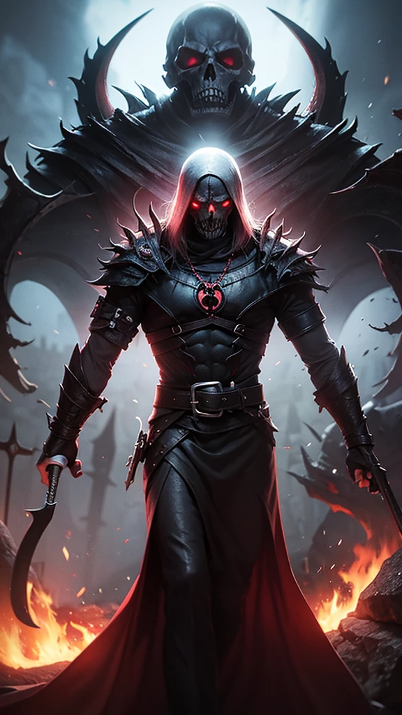 A villain man, intricate details, strong body, skull head, red eyes, wearing hood, colors, realistic, burning background, FHD --auto --s2