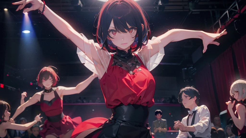A short bob-haired, red-eyed,dance,Five fingers,live