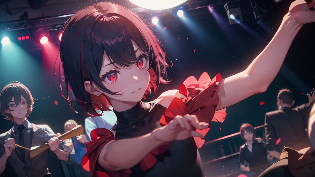 A short bob-haired, red-eyed,dance,live