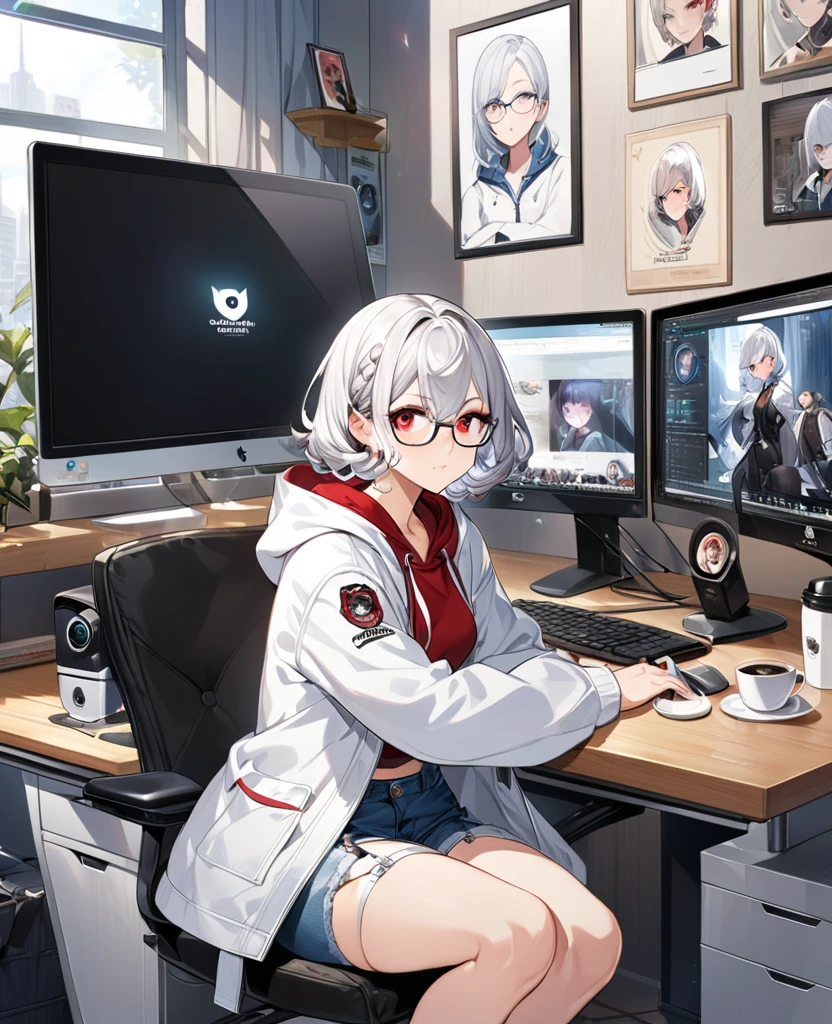 ((Perfect human body)),1girl,Silver Hair,Red eyes,Curly medium short hair,Square glasses,Wearing a large white coat,hoodie,,Dairy-free,garter belt,Sit on a chair,desk,Character portrait,full Art,Large surveillance monitor,computer,Messy desk,Short denim pants,Own coffee,hold one&#39;s head,Tired look