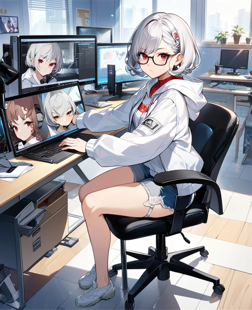 ((Perfect human body)),1girl,Silver Hair,Red eyes,Curly medium short hair,Square glasses,Wearing a large white coat,hoodie,,Dairy-free,garter belt,Sit on a chair,desk,Character portrait,full Art,Large surveillance monitor,computer,Messy desk,Short denim pants,Own coffee,hold one&#39;s head,Tired look