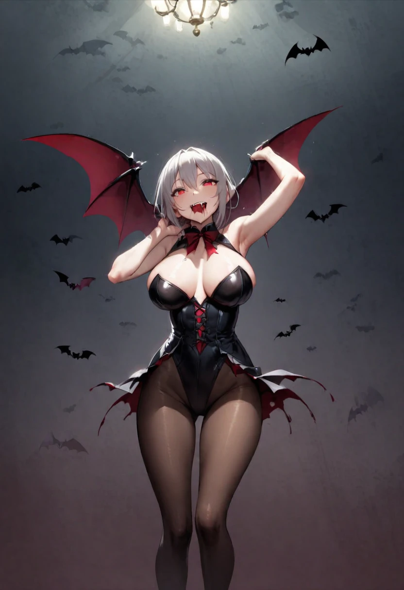 Vampire、back、turn around、darkness、In a Western-style mansion at midnight、Thighs、Big Breasts、Both eyes open、Dynamic Angle、Blood from the mouth、tooth、smile、Many bats flying、Bloodsucking、leotard、tights、Succubus