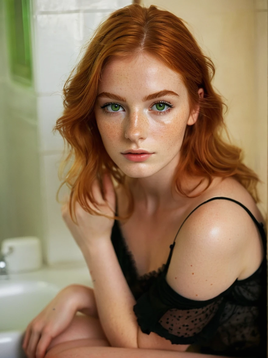 (Soft Lighting Photography by Mimoza Veliu and Mario Giacomelli:1.2), portrait, upper body, close up, cute woman, beautiful, 20 years old, green eyes, (black bold eyeliner, makeup:1.3), freckles, soft smile, shoulder length ginger hair at side, ear, see through loose blouse, cleavage, kneeling, bathroom, knee high socks,  body, beautiful legs, realistic soft skin, looking at viewer