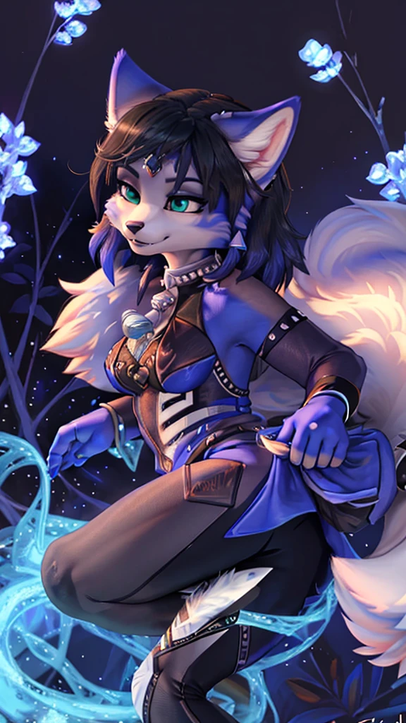 A beautiful and detailed (sweet picture) of ((Krystal)), Star Fox Krystal, detallierte augen, green eyes, medium breasts, (((Long blue hair 1.3))),  ((black hair tips)), Decollete, anthro, furry, Uploaded E621, detailed fluffy fur, (wa Fluff-Kevlar, Bayard Wu, Personalami, Pino Daeni), detailed face, (fluffy), 1 girl, alone, brüste sind verdeckt 
