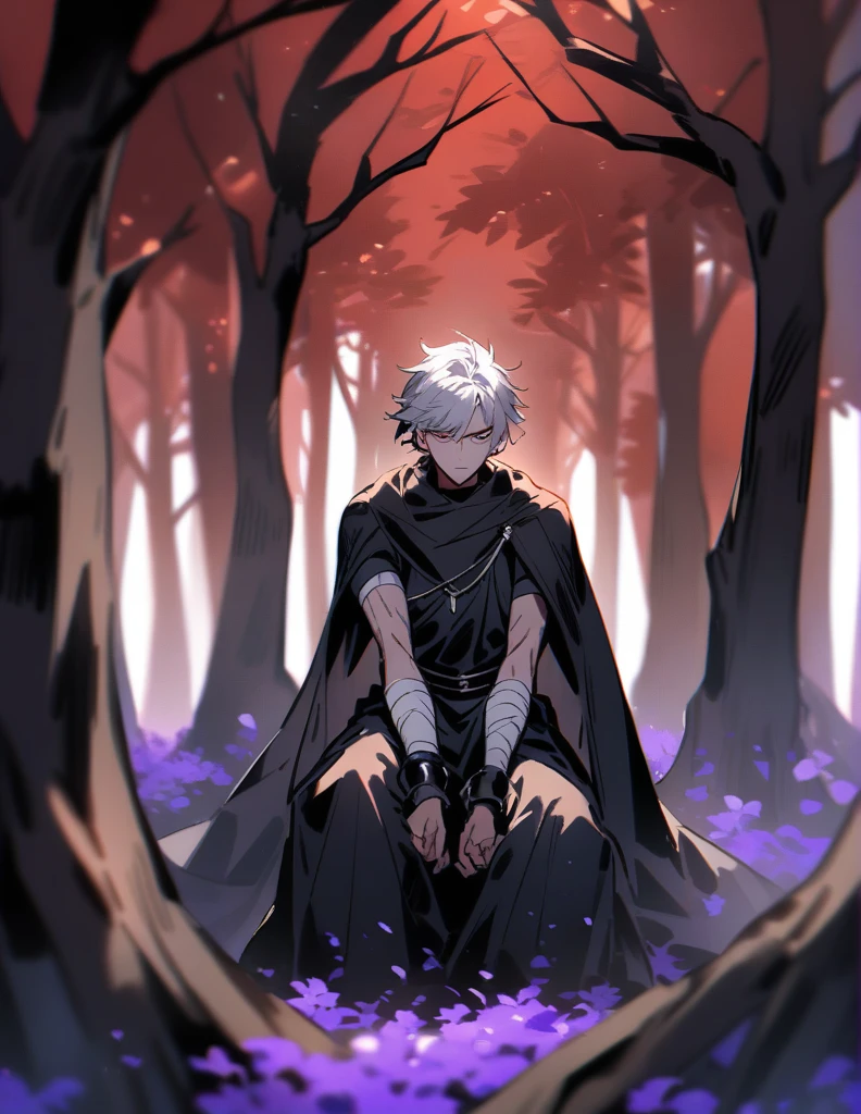 Greek boy with white hair, violet eyes, with bandaged fists, training his strength in a red forest of dead trees
