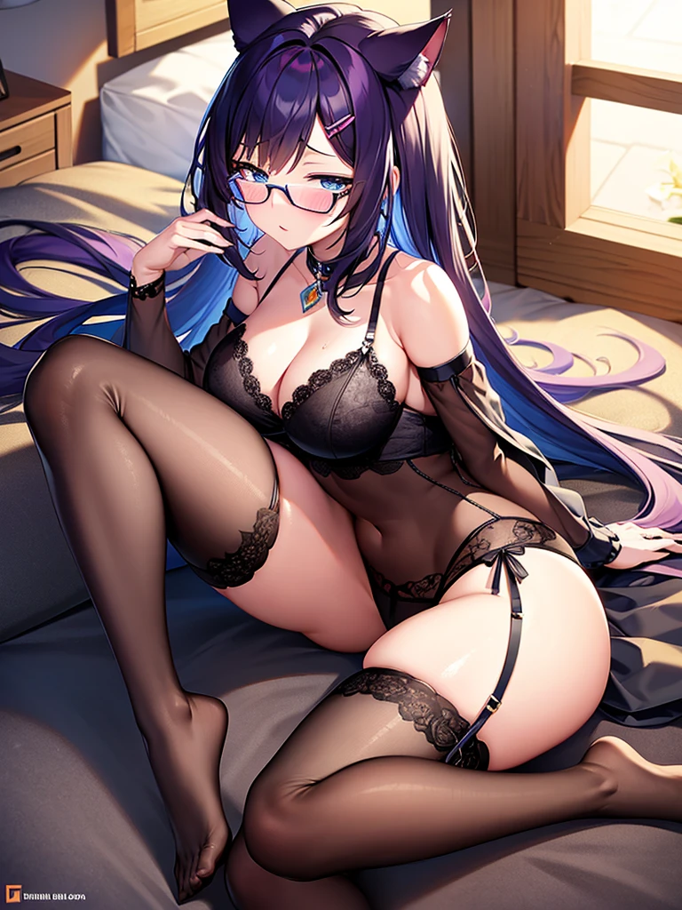 highly details, 8K, Masterpiece, 18 year old cat girl, long dark purple hair, blue eyes, boobs, cat ears, round glasses, sexy black lingerie, lying on a bed.