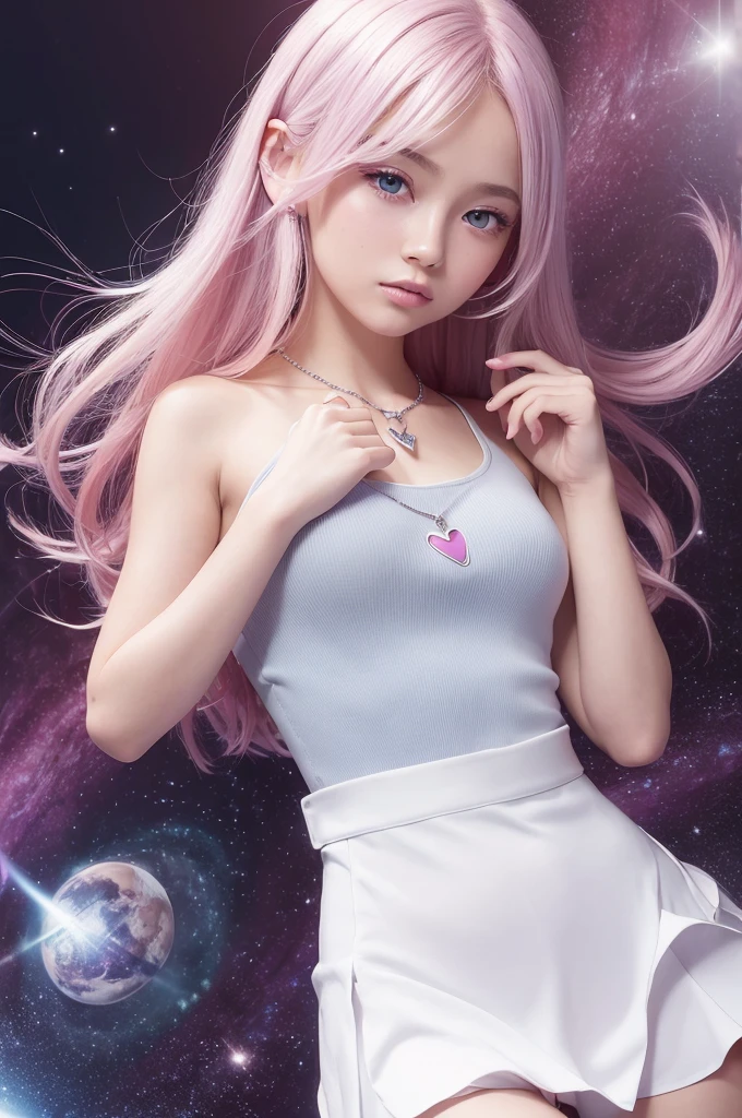 (8k high quality), (2d high quality), (high anime quality), (6 yrs old beautiful young girl), (beautiful face), (beautiful model), (shining, shoulder-length, straight w/ curve at the edge pink hair), (galaxy blue eyes, almond shape eyes), (shining smooth skin), (beautiful thin eyebrow), (beautiful wristwatch), (beautiful silver necklace with heart pendant), (beautiful white school uniform)
