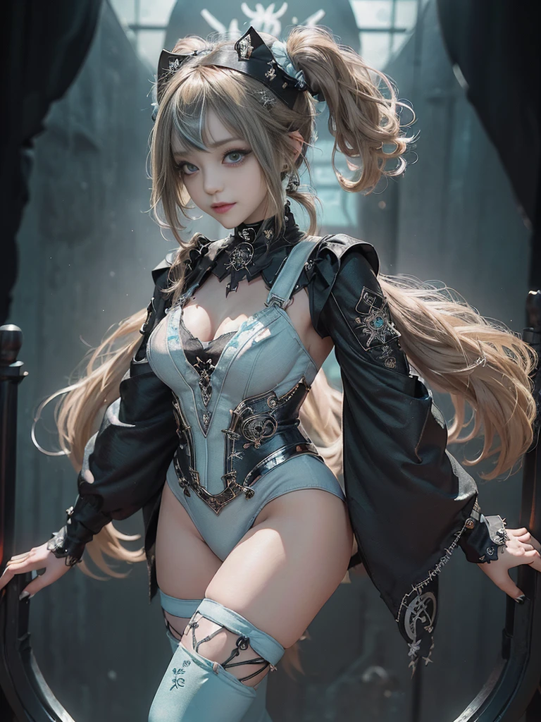 (Full Body View:1.4)、(Side view:1.1)、(Smiling with teeth showing:1.3),(Shibuya Gal:1.5)、(Gothic ta style fashion:1.5)、(Punk RockVisual Kei:1.5)、(Wearing a rhythmic gymnastics bodysuit with intricate details:1.4)、(Cloak de cour with delicate decorations in white, denim and turquoise:1.5)、(Denim with turquoise and white boots:1.3)、((belt))、(Numerous delicate logo marks all over the costume:1.4)、(collar:1.3)、(Striped underwear:1.5)、20-year-old、NSFW、((Highest quality、In 8K、masterpiece:1.3))、Sharp focus:1.2、(Layered Cut、Beautiful boobs:1.1),Beautiful woman with perfect figure:1.4、(Sexy Gravure Pose:1.3)、Slender Abs:1.2、Highly detailed face and skin texture、Detailed eyes、double eyelid,(Twin tails:1.3)、(Brown-golden hair:1.3)、Gravure idol、(The background is the stage of the fashion show:1.3)、(Slim body:1.3),(Make your legs thinner:1.4),(clavicle:1.1)、(Thin thighs:1.2)