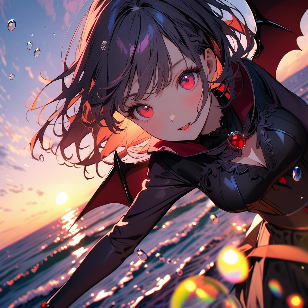 vampire、Girl with bat wings、(Lots of beautiful bubbles:1.4), break ,background\(Golden Hour,Very beautiful sea\), break ,Dynamic Angles、break、quality\(8K,非常に精細なCGユニットのwallpaper, masterpiece,High resolution,top-quality,top-quality real texture skin,Surreal,Increase the resolution,RAW Photos,最高quality,Very detailed,wallpaper,Cinema Lighting,Ray-tracing,Golden Ratio\),Dynamic Angle,Bubbles close-up