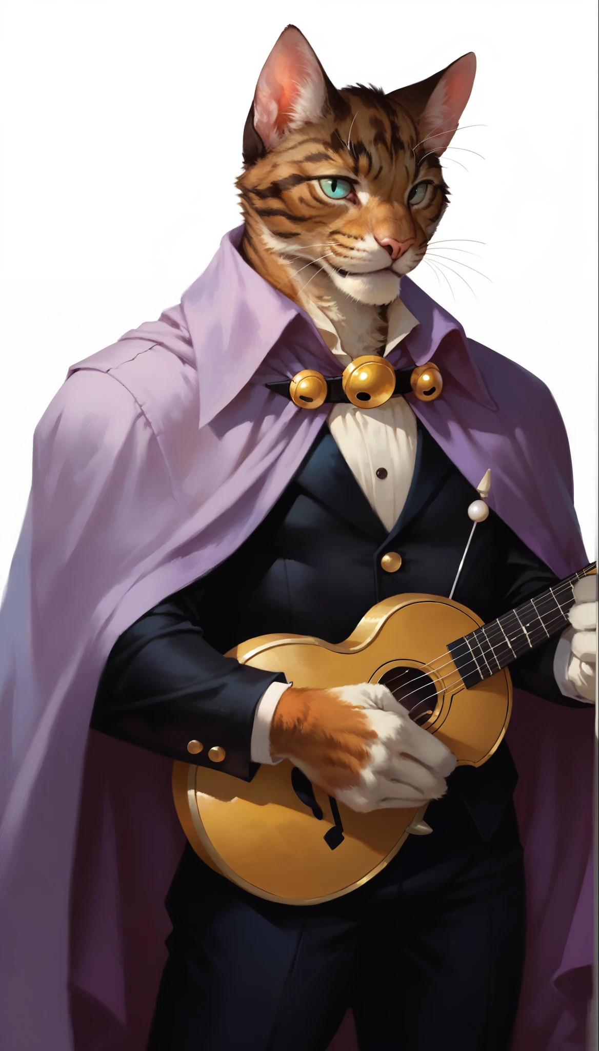 score_9, score_8_up, score_7_up, (clear simple background, white background, papyrus background),
((tabaxi), anthro, solo, male, (portrait), (focus), (holding, bard, singer), ((wearing costume, bard suit, cape)), (cat fur)), beautiful