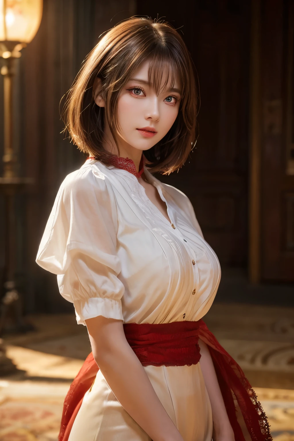 (masterpiece:1.2, Highest quality), (Beautiful, detailed eyes: 1.2、Beautiful skin、Beautiful hair、Good posture and dignity、Beautiful manners、sympathy、Beautiful eyes), ((One Woman)), (Red eyes:1.4), (Detailed eyes and face:1.3), ((Woman with short hair)), (Beautiful and vivid background:1.2), (Highly detailed CG, Super detailed, Best Shadow:1.1), ((Depth of written boundary)), ((watercolor)), beautiful concept figure, (Orange background:0.5), (figure:1.1), (Very nice and beautiful:1.1), (Perfect detail:1.1), from the front, Cowboy Shot, scenery 