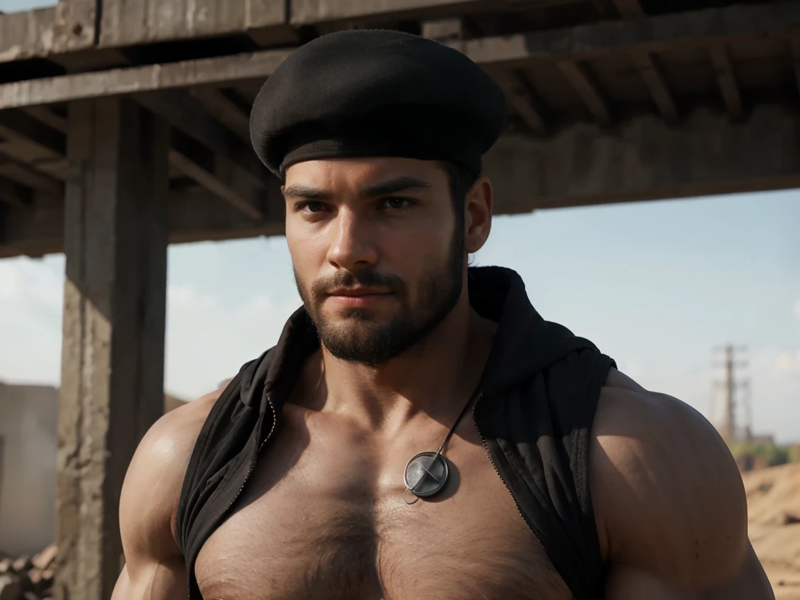 a man of strong build, fallout bandit, Black Beret, He has a well-defined jaw and a serious expression, His skin is clear, and he has a short beard, is running for his life, wears doctor's clothes, He is a virologist, White coat.