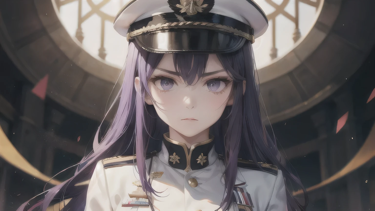 Purple Hair、Long Hair、Straight Hair、One Woman,28 years old,Beautiful Face,Upper Body、Sharp focus,uniform、military cap、Serious face