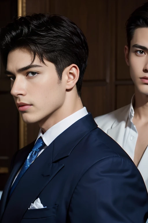 ((masterpiece)),((best quality)),8K,high detail,Very detailed, Very manly，3 men, like，fashion pose, Realistic skin texture, Light,
Royal blue style couple