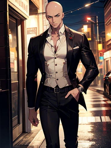 Baldhead,male,Red pupils,earrings,Showing chest muscles,Wear a watch on your left hand,Exposed collarbone,Showing chest muscles,Unbuttoned white suit,black trousers,Black leather shoes,Handsome, walk,night