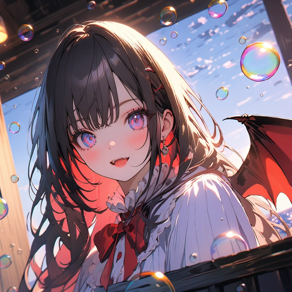 vampire、Girl with bat wings、(Lots of beautiful bubbles:1.4), break ,background\(Golden Hour,Very beautiful sea\), break ,Dynamic Angles、break、quality\(8K,非常に精細なCGユニットのwallpaper, masterpiece,High resolution,top-quality,top-quality real texture skin,Surreal,Increase the resolution,RAW Photos,最高quality,Very detailed,wallpaper,Cinema Lighting,Ray-tracing,Golden Ratio\),Dynamic Angle,Bubbles close-up