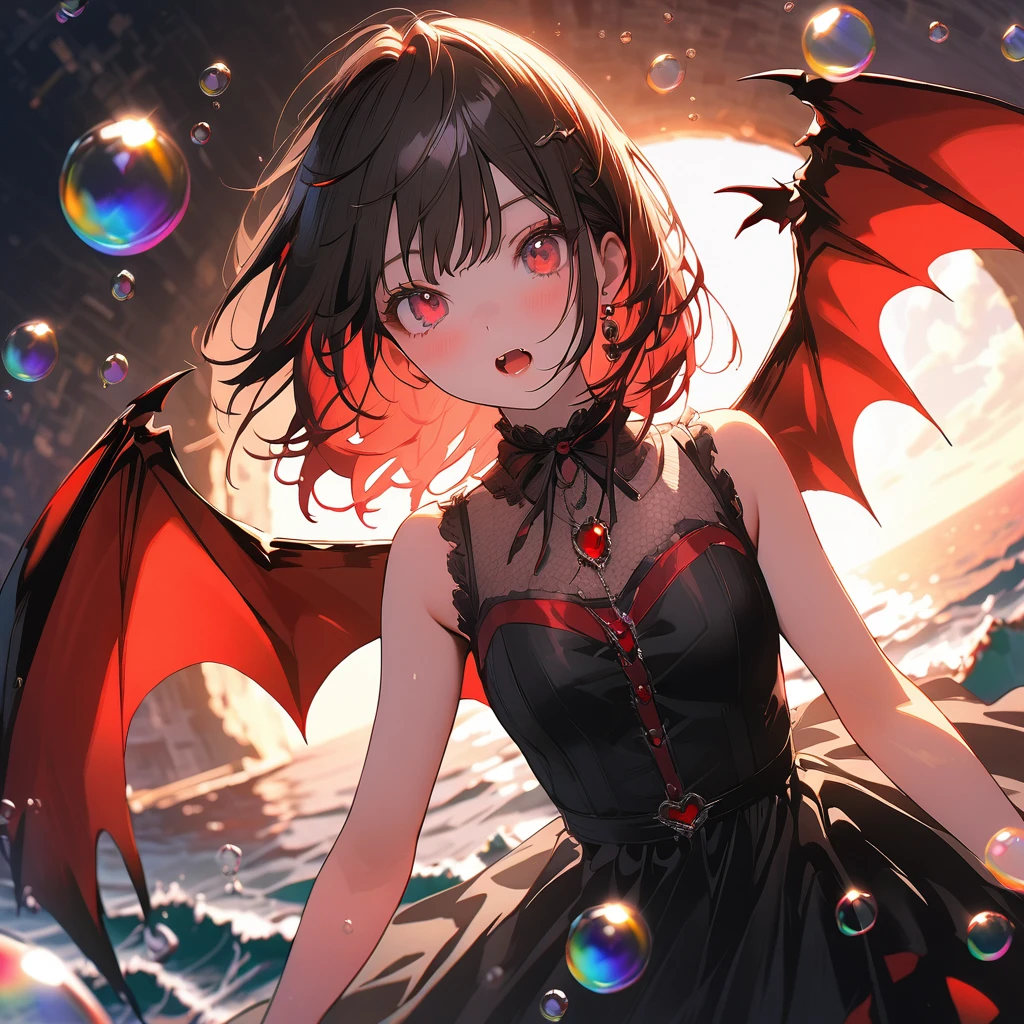 vampire、Girl with bat wings、(Lots of beautiful bubbles:1.4), break ,background\(Golden Hour,Very beautiful sea\), break ,Dynamic Angles、break、quality\(8K,非常に精細なCGユニットのwallpaper, masterpiece,High resolution,top-quality,top-quality real texture skin,Surreal,Increase the resolution,RAW Photos,最高quality,Very detailed,wallpaper,Cinema Lighting,Ray-tracing,Golden Ratio\),Dynamic Angle,Bubbles close-up