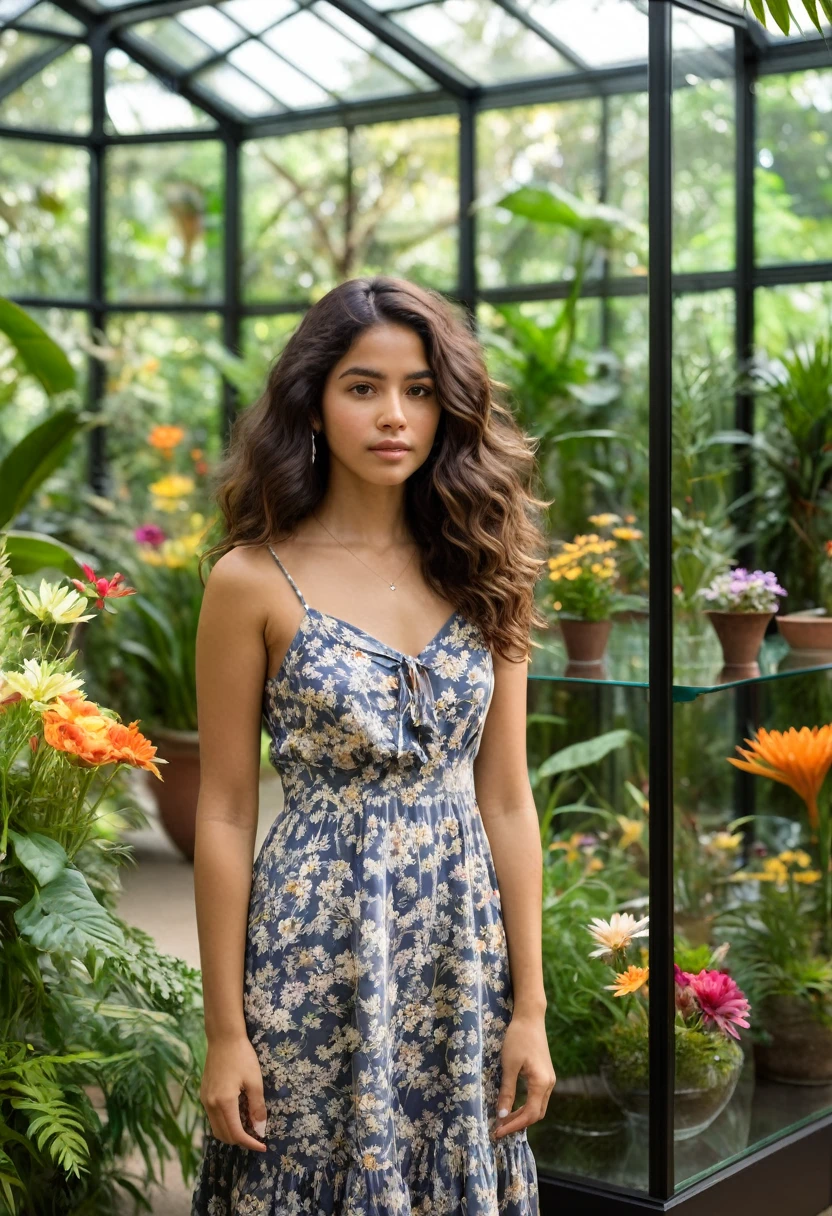 Colorful, captivating image of a Latina woman in a botanical garden, standing in front of a glass display case, focused on a round object inside it. The camera is focused directly on the woman - front view. The woman's hair is dark brown and styled in a loose, wavy fashion; she is wearing a floral sundress with an infinitely deep neckline. She stands with her hands placed gracefully on either side of the glass display case, observing the object with a sense of awe. The botanical garden setting is lit by bright midday light illuminating the various plants and flowers on display. Other visitors scatter around the botanical garden, appreciating the natural and artistic beauty, all on the same horizontal level as the woman.