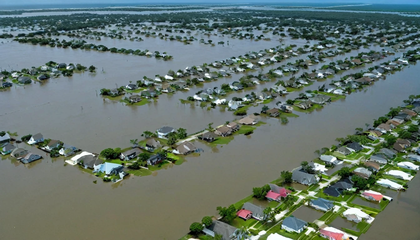 whoa, a close-up image depicts a severe flooding scenario. A tropical storm caused the sea to invade the Texas coast, Surfside Beach. A large stretch of street in is submerged in water, with several houses floating or partially submerged. The weather seems inclement, likely with heavy rain or storm conditions contributing to flooding. The situation is terrible, likely to cause significant disruption and danger to individuals in the area. Emergency services would be needed to deal with such a catastrophic event.