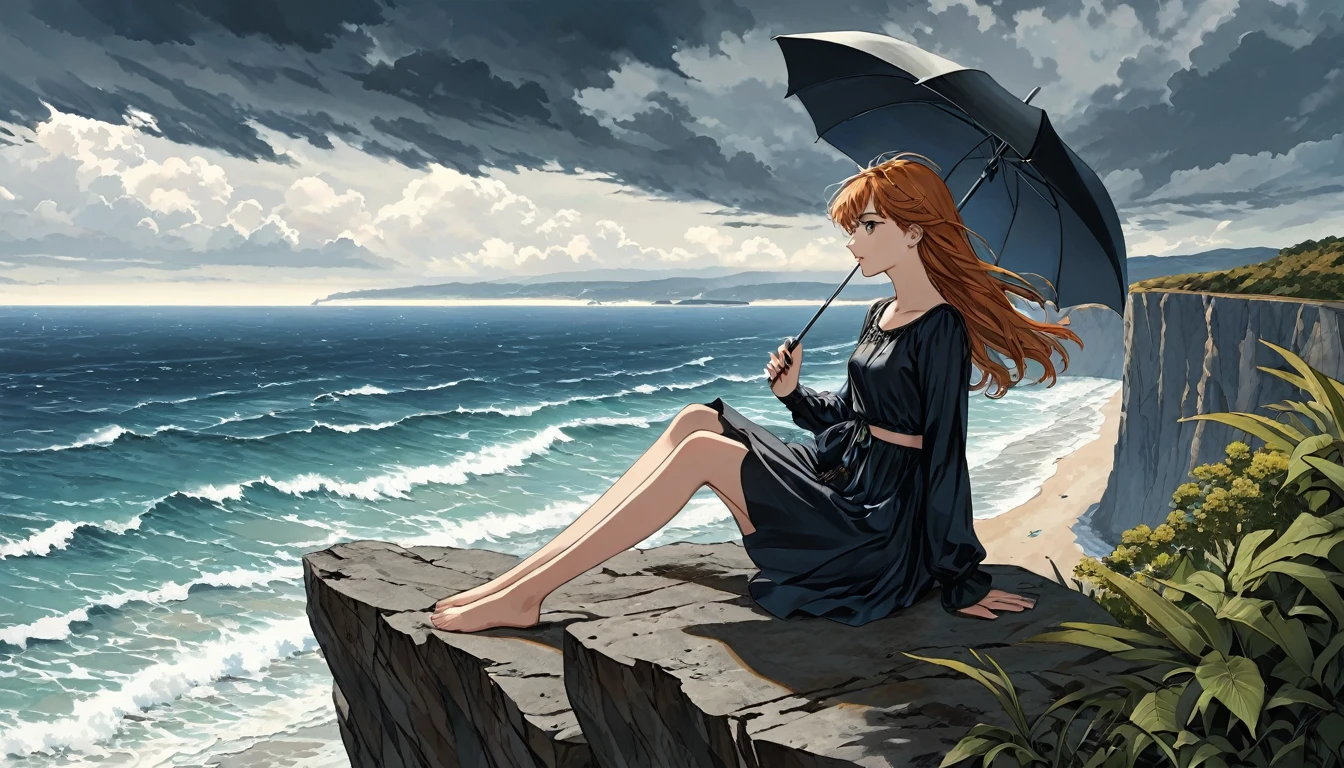 Sea with waves. A sky with dark clouds. A beautiful beach with cliffs. A sits precariously on a high cliff with an umbrella. Her girl's hair blows in the wind. Five pretty fingers.