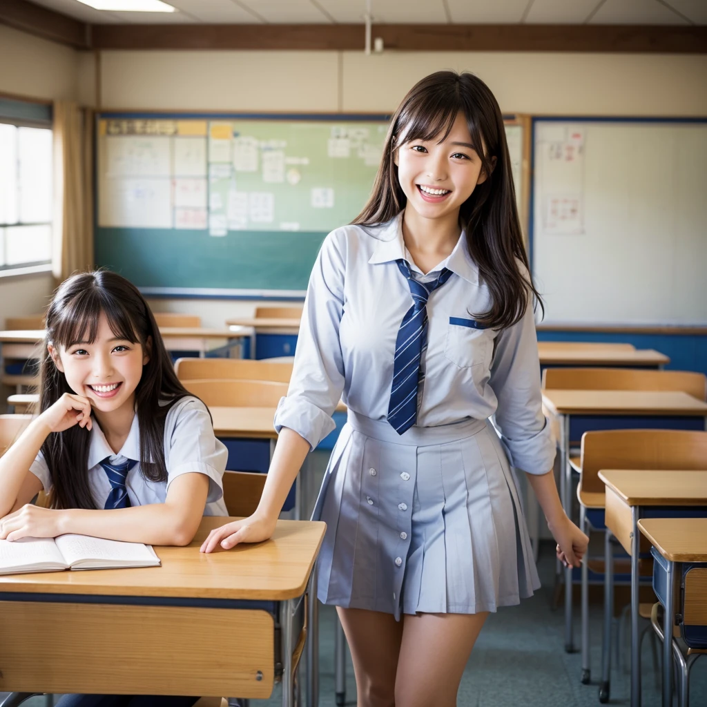 Laughing Japanese high school girl、classroom、、masterpiece, Highest quality, Photorealistic、Laugh with your mouth wide open、Smiling at the camera