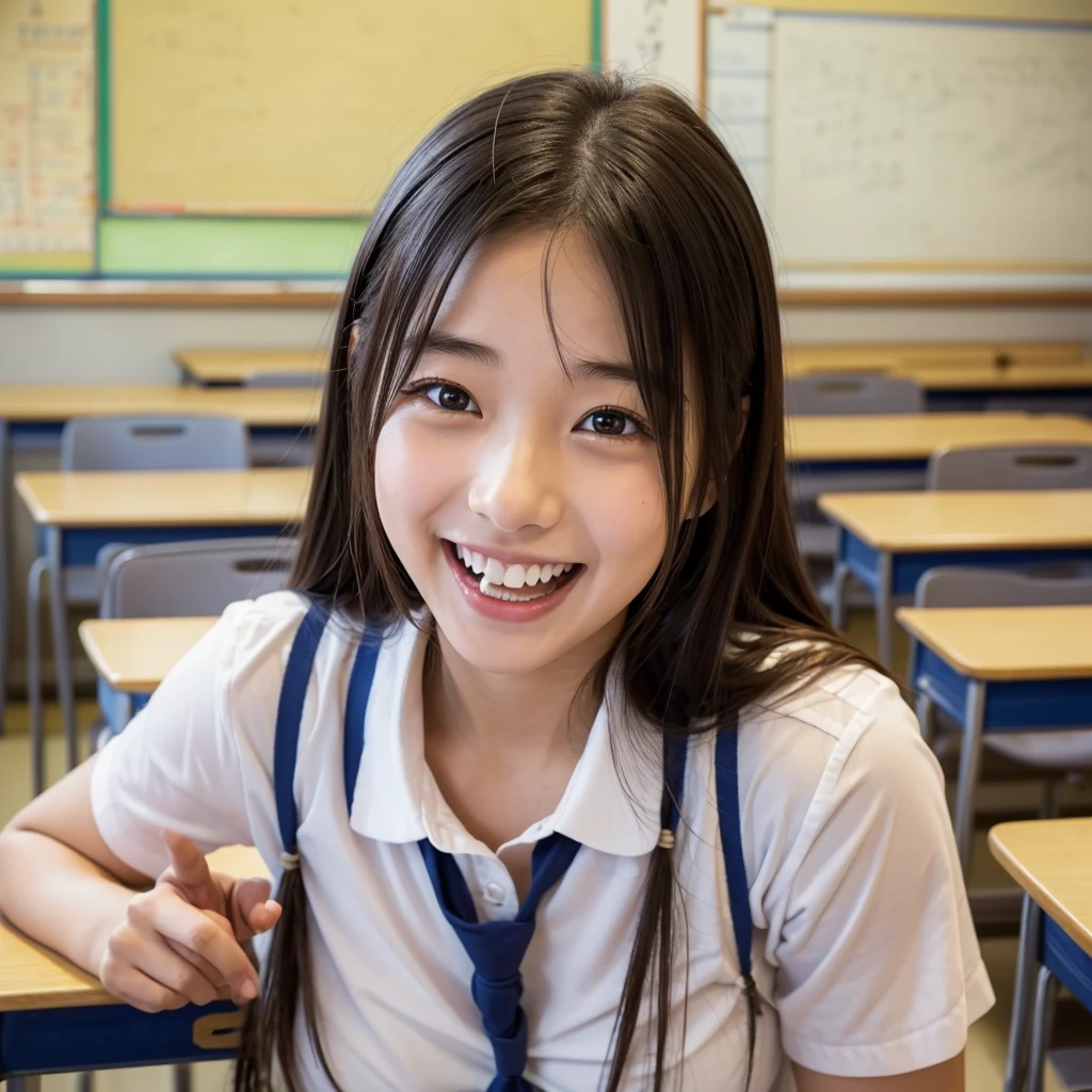 Laughing Japanese high school girl、classroom、、masterpiece, Highest quality, Photorealistic、Laugh with your mouth wide open、Smiling at the camera