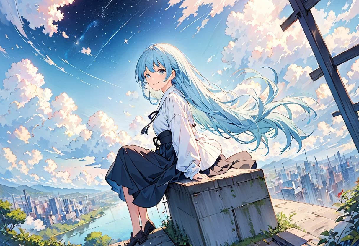 [(White background:1.5)、::5]、masterpiece、Highest quality、Official Art、An illustration、Ligne Claire、(dream-like)、(colorful:1.3)、Perfect composition、Disorganized、Intricate details、Fantasy、focus、(At high pressure)、I can't see the ground、(Above the Clouds:1.4)、(Finely detailed modern lost_city:1.3)、(Above the Cloudsにそびえ立つlost_city:1.2)、narrative poem、(focus_girl:1.4)、(Girl on top of the city of broken bridges)、 Three-part method、white_Jacket and white_shirt,black_beltskirt,very_long_hair,beside,Light blue hair,overhead_viewer,The wind blows to the viewer,side_face,(The ground is starry_sky),smile,Sitting,(depth_of_field),Shiina Mahiru,Eyes