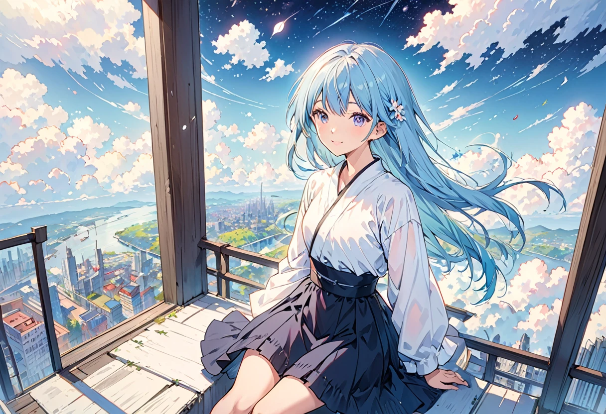 [(White background:1.5)、::5]、masterpiece、Highest quality、Official Art、An illustration、Ligne Claire、(dream-like)、(colorful:1.3)、Perfect composition、Disorganized、Intricate details、Fantasy、focus、(At high pressure)、I can't see the ground、(Above the Clouds:1.4)、(Finely detailed modern lost_city:1.3)、(Above the Cloudsにそびえ立つlost_city:1.2)、narrative poem、(focus_girl:1.4)、(Girl on top of the city of broken bridges)、 Three-part method、white_Jacket and white_shirt,black_beltskirt,very_long_hair,beside,Light blue hair,overhead_viewer,The wind blows to the viewer,side_face,(The ground is starry_sky),smile,Sitting,(depth_of_field),Shiina Mahiru,Eyes