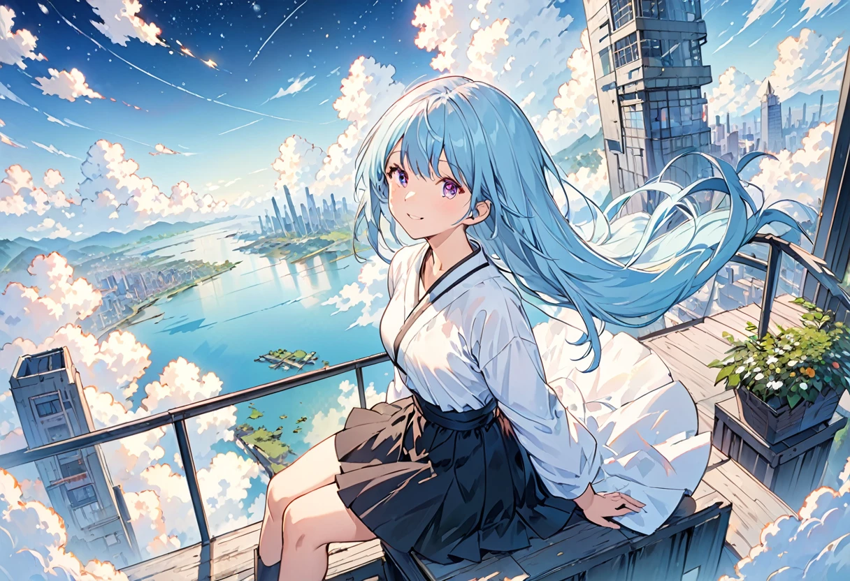 [(White background:1.5)、::5]、masterpiece、Highest quality、Official Art、An illustration、Ligne Claire、(dream-like)、(colorful:1.3)、Perfect composition、Disorganized、Intricate details、Fantasy、focus、(At high pressure)、I can't see the ground、(Above the Clouds:1.4)、(Finely detailed modern lost_city:1.3)、(Above the Cloudsにそびえ立つlost_city:1.2)、narrative poem、(focus_girl:1.4)、(Girl on top of the city of broken bridges)、 Three-part method、white_Jacket and white_shirt,black_beltskirt,very_long_hair,beside,Light blue hair,overhead_viewer,The wind blows to the viewer,side_face,(The ground is starry_sky),smile,Sitting,(depth_of_field),Shiina Mahiru,Eyes