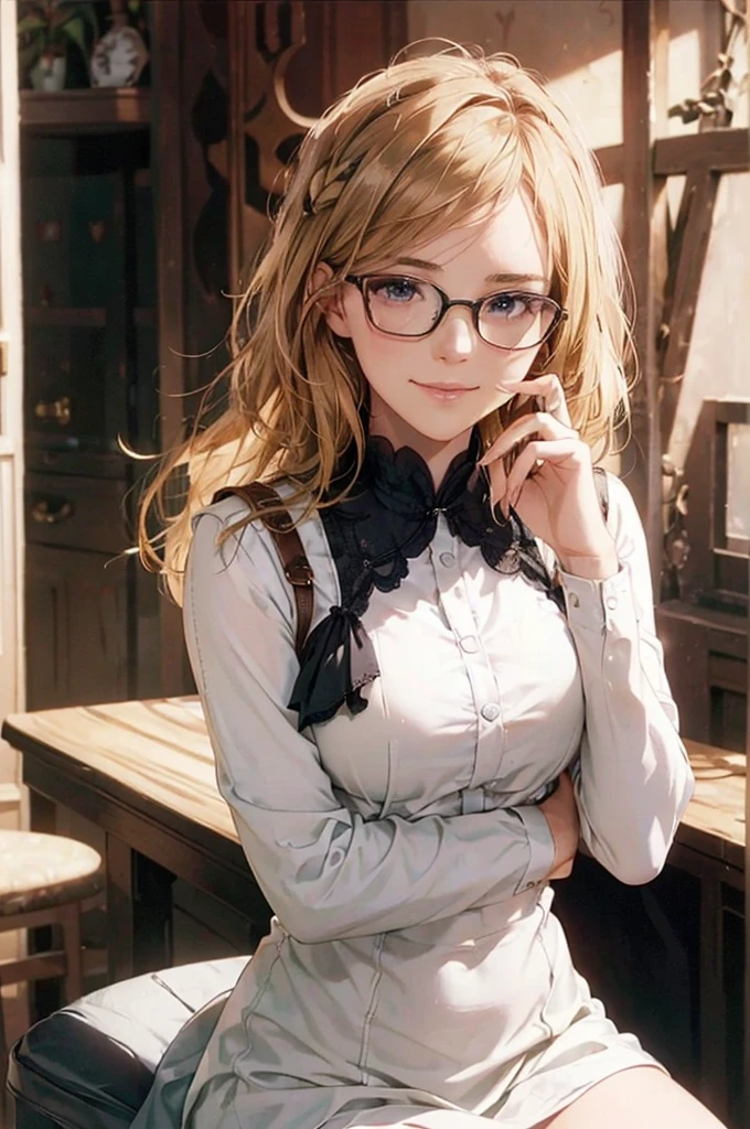 Masterpiece, 最high quality, high quality, High resolution, high quality texture, high quality shadows, High resolution, Beautiful details, Detailed CG, Detailed Texture, Realistic representation of face, Realistic, colorful, delicate, Cinematic Light, Side light, Lens flare, Ray Tracing, sharp concentrated, (1 Girl,concentrated:1.3), ( Intricate details, compensate, PureErosFaceV1:0.5), (細部まで美しいdelicateな顔, 緻密で美しいdelicateな瞳, Perfect Facial Proportions, Dense skin, Optimal ratio of four fingers to one thumb,Unified 8k wallpaper, Arms under chest, Modest chest, Wide Hips, Smooth upper abdomen, 30 years old, blue eyes, glasses,cabin attendant uniform,white blouse,tight fitting black skirt,black stockings, excellent secretary ,working as a secretary, wooden desk, wooden chair, house wife, the gaze of true love, lips of temptation, A look full of compassion ,a smile full of love, i love you, Acting lovey-dovey, air fortress hair, blonde hair, I love you so much I'm crazy,i love you