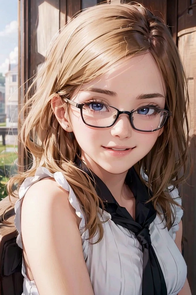 (table top), sexy、Natural light, realistic, camel toe, diffused shine, written boundary depth, professional lighting、Big eyes、eyes are blue、Hair is blonde、Russian、black rimmed glasses、Ayumi Hamasaki、The background is a night view、