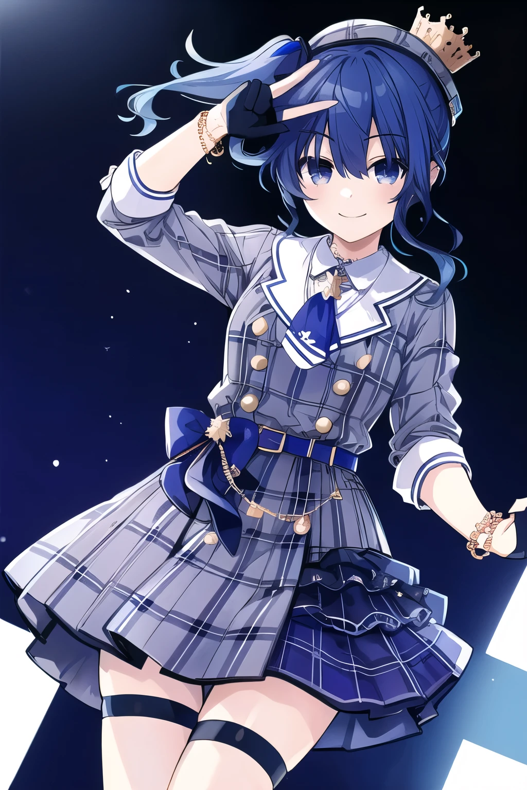 masterpiece, Highest quality, High resolution, sui1, One girl, alone, Side Ponytail, Hoshimachi Suisei, Fingerless gloves, Single knee socks, jewelry, One-footed socks, Thigh straps, bracelet, Blue socks, button, Single knee-high, Checked dress, Blue choker, Blue Belt, Checked skirt, Mini Crown, Grey Skirt, Blue Ascot, Long sleeve, Plaid jacket, Cowboy Shot, On Stage, Holding a microphone, smile,Beautiful background、Cute Face、Perfect Face、最高masterpiece、Highest quality