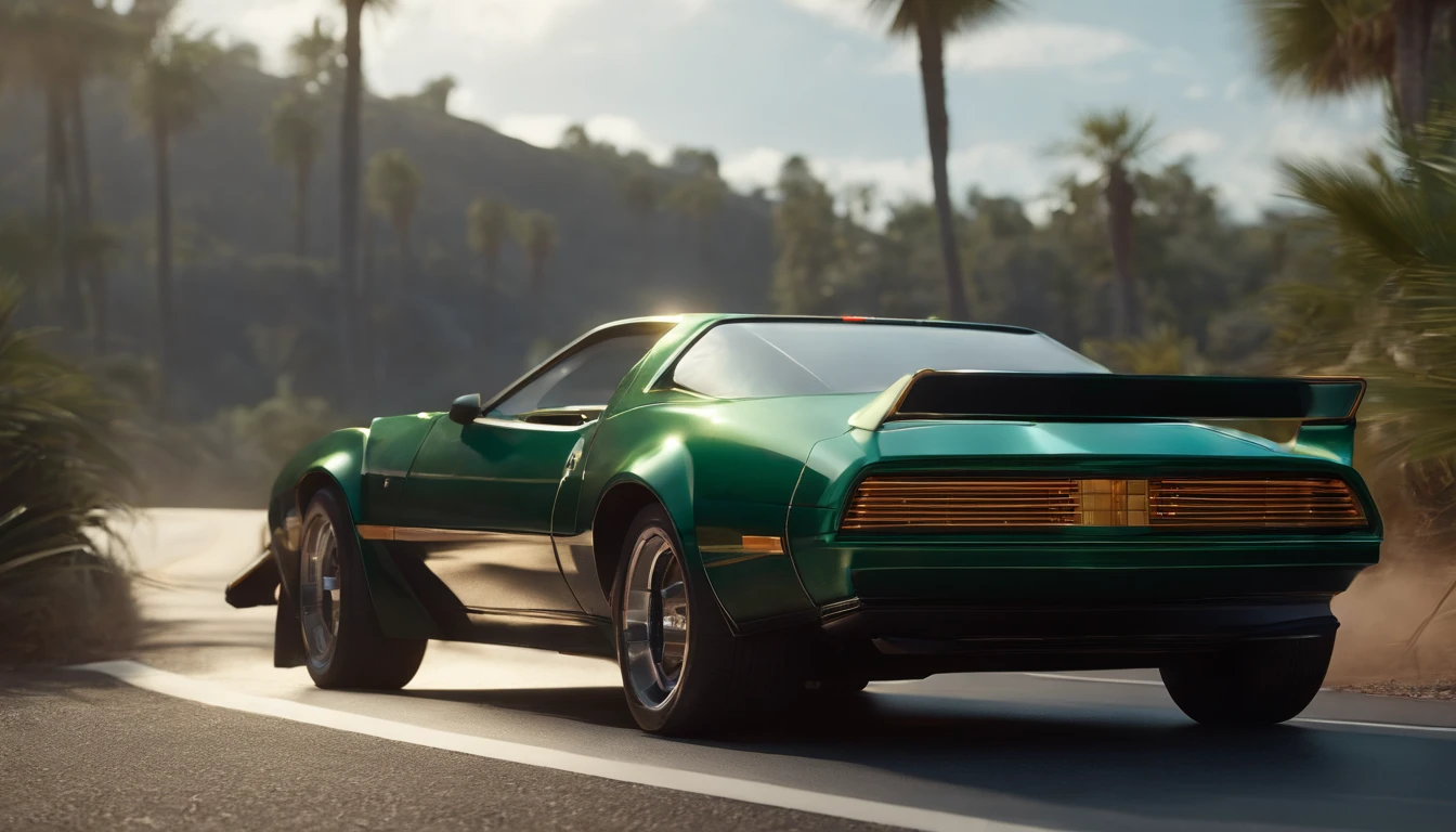 .Forms and Functions: A captivating conceptual art piece featuring an extraordinary 3D render of a metallic raccoon cyberpunk sports car designed in the distinctive style of Michael Westmore. The vehicle is a seamless blend of a 1980s Trans Am and a 1974 Winnebago, elegantly handling on a curving, coastal road at midday. The metallic green and blue wired construction showcases intricate details, from the motherboard integrated into the car's backbone to the elaborate stacks and riveted ribs. It has a metallic gold racoon head shaped front end. The design masterfully combines vibrant colors, dark fantasy, and cinematic elements, resulting in a striking portrait of a cyberpunk metallic sports car. It has 750k detail resolution.