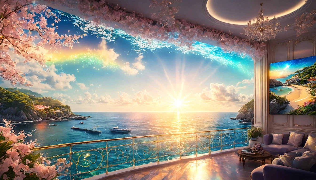 View of the sea from the balcony、Portrait Photography、{{masterpiece}}, Highest quality, Highly detailed Unity 8k wallpaper, Cinema Lighting, Lens flare, Beautifully detailed room,  Suite room with ocean view, colorful light, particle, Heterochromia iridis, (colorful:1.5), 