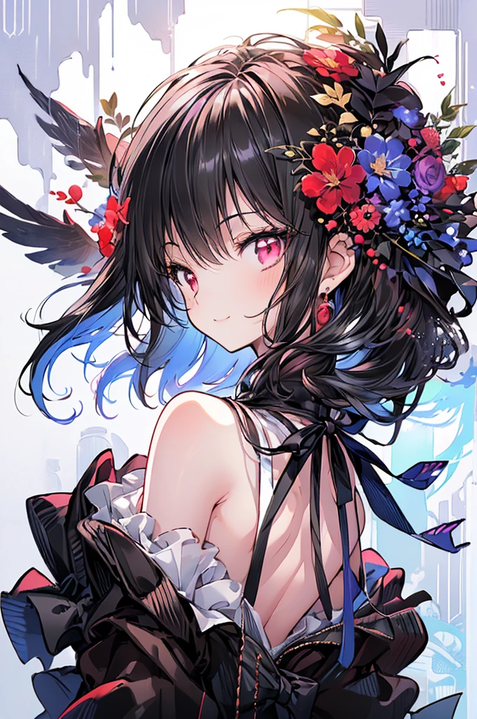 (masterpiece, Highest quality, Highest quality, (No text), beautifully、aesthetic:1.2),No text,anime、 High resolution break,One Girl,Short black hair Tree Eyes Beautiful Eyes Red eyes beautiful girl nice smile Black coat mini skirt Whole body Night view Detailed eyes and face