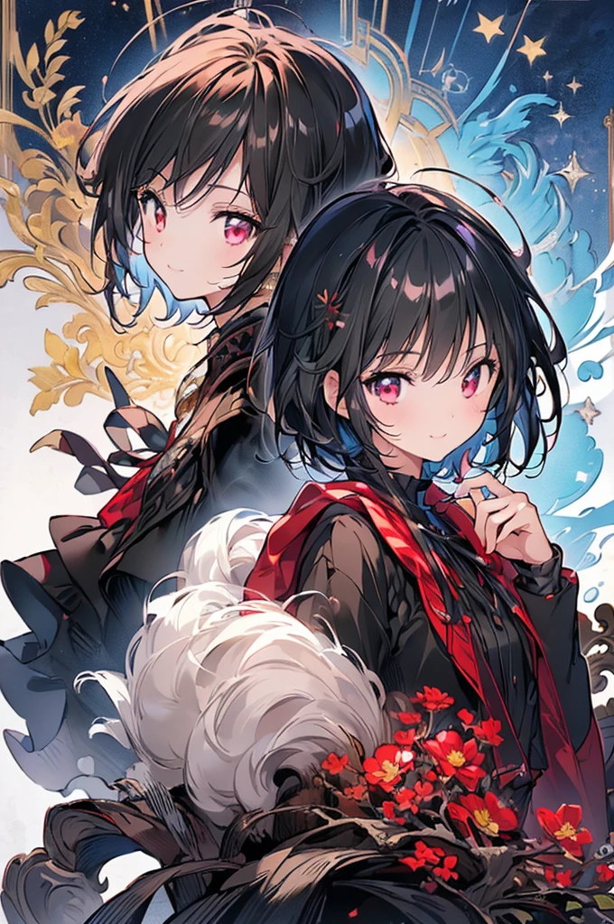 (masterpiece, Highest quality, Highest quality, (No text), beautifully、aesthetic:1.2),No text,anime、 High resolution　break,One Girl，Short black hair　Tree Eyes　Beautiful Eyes　Red eyes　beautiful girl　nice　smile　Black coat　mini skirt　Whole body　Night view　Detailed eyes and face