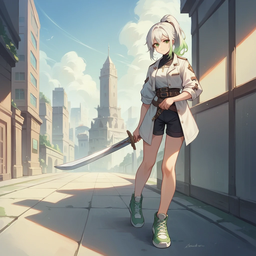 (masterpiece, Highest quality:1.3), One girl, alone,ponytail,Green and white gradient hair,Green Eyes,Adventurer,middle ages,Leather shoes,Background city,Sword in left hand,White clothes,