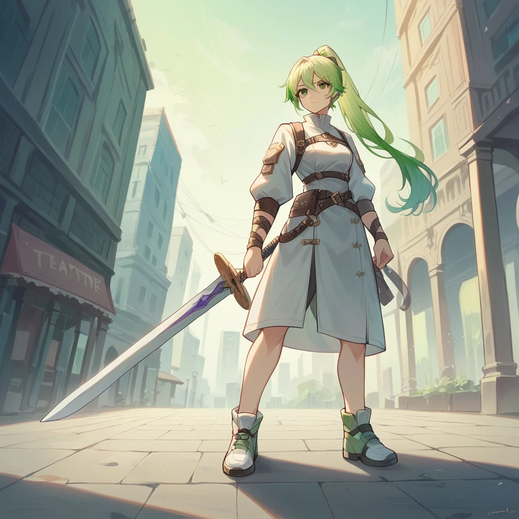 (masterpiece, Highest quality:1.3), One girl, alone,ponytail,Green and white gradient hair,Green Eyes,Adventurer,middle ages,Leather shoes,Background city,Sword in left hand,White clothes,