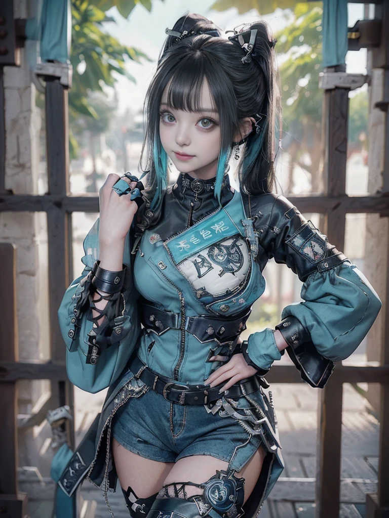 (Full body view:1.4)、(Full Body View:1.4)、(Side view:1.1)、(Smiling with teeth showing:1.3),(Shibuya Gal:1.5)、(Maid café clerk:1.5)、(Punk RockVisual Kei:1.4)、(Turquoise, navy and denim medieval noble zip up:1.5)、(Navy and white arm covers and bugle pants:1.5)、(Blue high heels:1.3)、(Wearing silver accessories:1.5)、(Dark brown collar:1.4)、(Leather garter belt:1.4)、(Brown Skin Belt:1.3)、(Black lace underwear:1.5)、20-year-old、NSFW、((Highest quality、In 8K、masterpiece:1.3))、Sharp focus:1.2、(Layered Cut、Huge boobs:1.1),Beautiful woman with perfect figure:1.4、(Doing an aerobics pose:1.3)、Slender Abs:1.2、Highly detailed face and skin texture、Detailed eyes、double eyelid,(Twin tails:1.3)、(Black Hair:1.3)、Gravure idol、(A fairytale-like cafe with a lush tree background:1.3)、(Slim body:1.3),(Make your legs thinner:1.4),(Thin, thin thighs:1.3)、（clavicle:1.1）