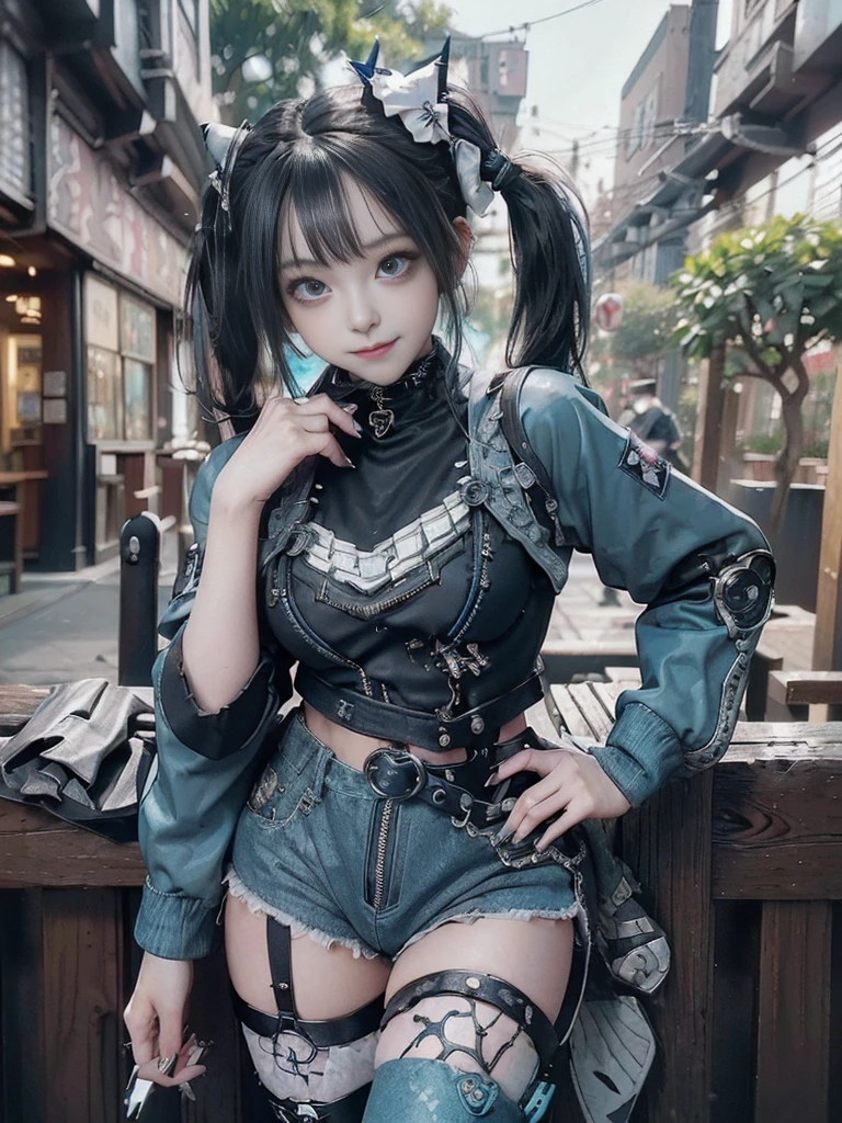 (Full body view:1.4)、(Full Body View:1.4)、(Side view:1.1)、(Smiling with teeth showing:1.3),(Shibuya Gal:1.5)、(Maid café clerk:1.5)、(Punk RockVisual Kei:1.4)、(Turquoise, navy and denim medieval noble zip up:1.5)、(Navy and white arm covers and bugle pants:1.5)、(Blue high heels:1.3)、(Wearing silver accessories:1.5)、(Dark brown collar:1.4)、(Leather garter belt:1.4)、(Brown Skin Belt:1.3)、(Black lace underwear:1.5)、20-year-old、NSFW、((Highest quality、In 8K、masterpiece:1.3))、Sharp focus:1.2、(Layered Cut、Huge boobs:1.1),Beautiful woman with perfect figure:1.4、(Doing an aerobics pose:1.3)、Slender Abs:1.2、Highly detailed face and skin texture、Detailed eyes、double eyelid,(Twin tails:1.3)、(Black Hair:1.3)、Gravure idol、(A fairytale-like cafe with a lush tree background:1.3)、(Slim body:1.3),(Make your legs thinner:1.4),(Thin, thin thighs:1.3)、（clavicle:1.1）