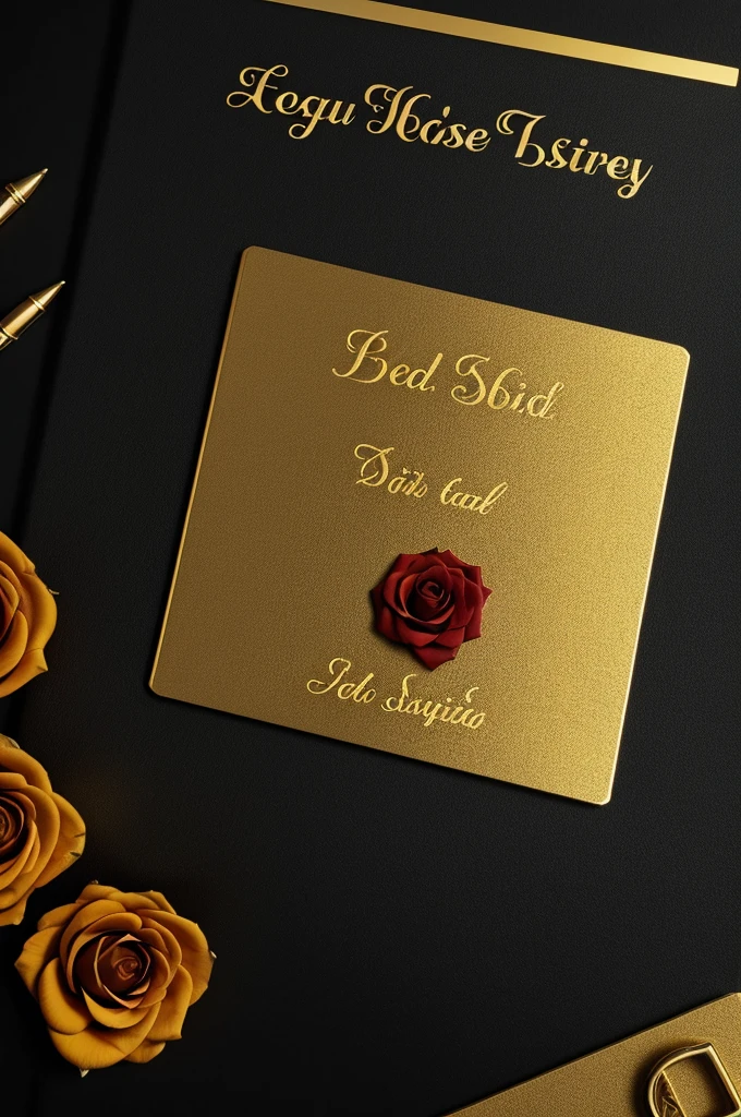 on top of a black diary Esrafil's name is written in golden color bold letters there is a red rose on the pass and some sign pens around it, black  background, realistic