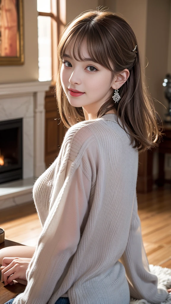 1 girl, Silver Hair, Brown hair, Dull bangs, Floating hair, Long hair, Fireplace awning, Eye of Water, Shining eyes, Long eyelashes, earrings, compensate, Smile, Open your mouth, Written border depth, First person perspective, From behind, from the side, upside down, F/1.8, 135 mm, Canon, 超HD, Retina, masterpiece, precise, Anatomically correct, Rough skin, Very detailed, Advanced Details, high quality, 最high quality, high resolution, 1080P, HD, 4K, 8K