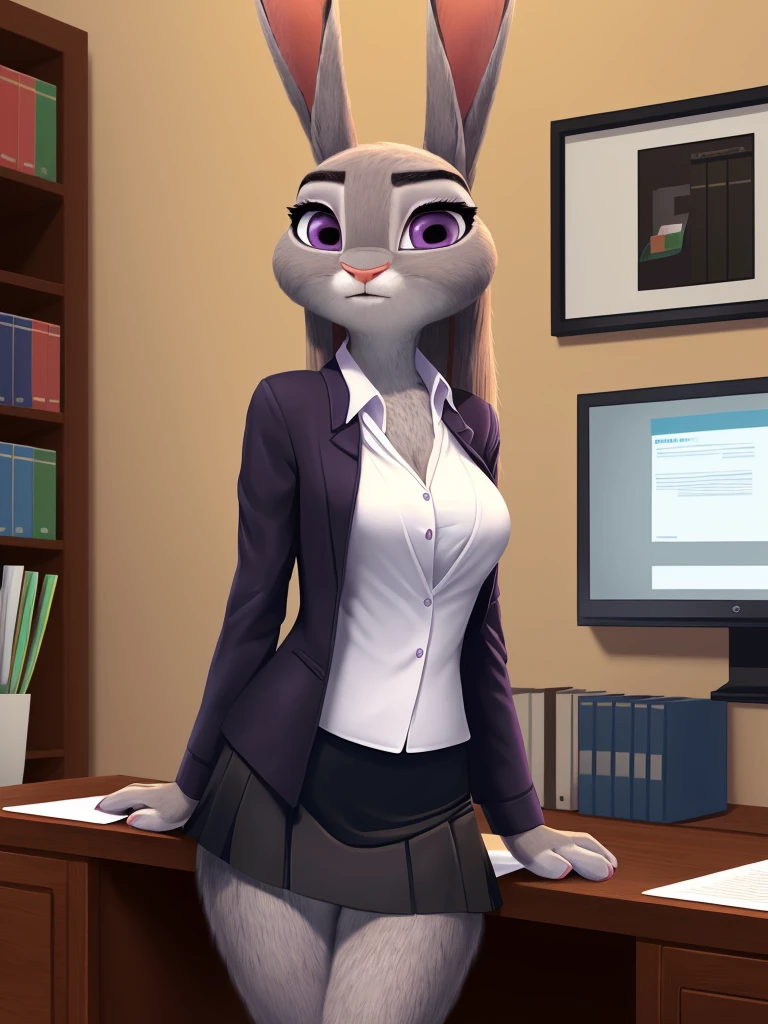 best quality,
masterpiece,
hyper Realistic,
ultra-detailed,
beautiful detailed,
Portrait,
Looking at the audience,
background is an office,
(Face is JudyHopps:1.2),
NamiFinal,
((long straight hair)),
wispy bangs, bangs,
purple eyes,
(arched eyebrows:1.1),
(uplift eyebrows:1.1),
(rabbit ears:1.1),
office lady is wearing suit,
((White blouse)),
((Black blazer jacket)),
((Black skirt)),
clothes made of cotton,
stomach is completely exposed,
Navel is completely exposed,
Cleavage is completely exposed,
((shoulder is completely exposed)),
(outfit is made of felt:1.4),
(((body is made fur))),
(((fluffy and fluffy))),
(furry:1.4),
human hands,
(solo:1.5),
(1 lady:1.5),
one character only
alone,
Perfect Anatomy